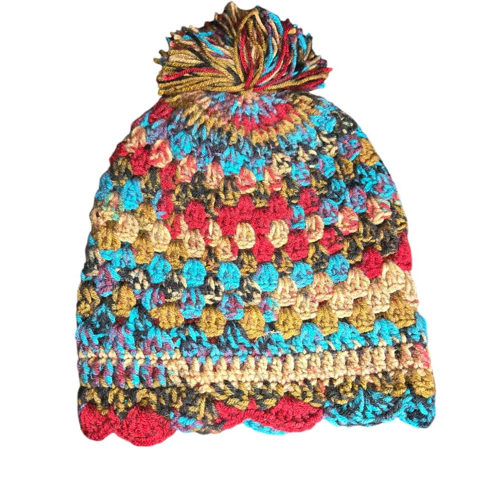 Hand Crafted Red, Gold & Turquoise Flower Accented Pom-Pom Beanie Hat‎ ONE SIZE
